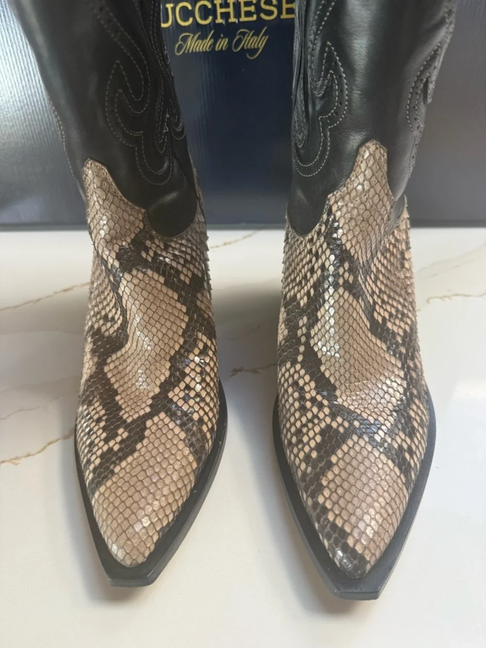 Lucchese Vittoria Black Italian Leather & Tan Python Boots - Picture 3 of 8